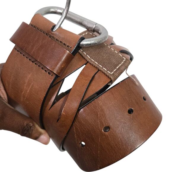 Gap Leather Belt Vintage Brown Canvas Wide Sturdy Rugged Textured Cutouts Medium - Picture 1 of 15